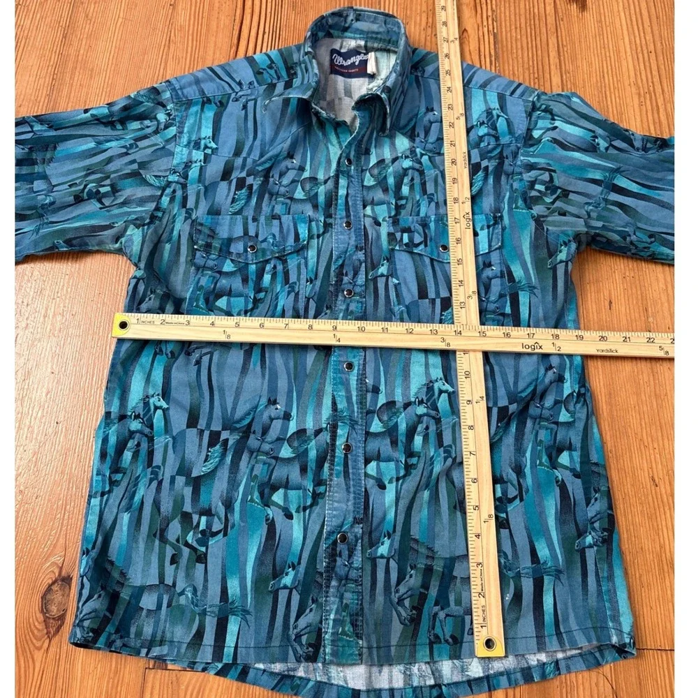 Wrangler Western Shirt Mens Blue Horse Graphic Pearl Snap Vintage Style SIZE M